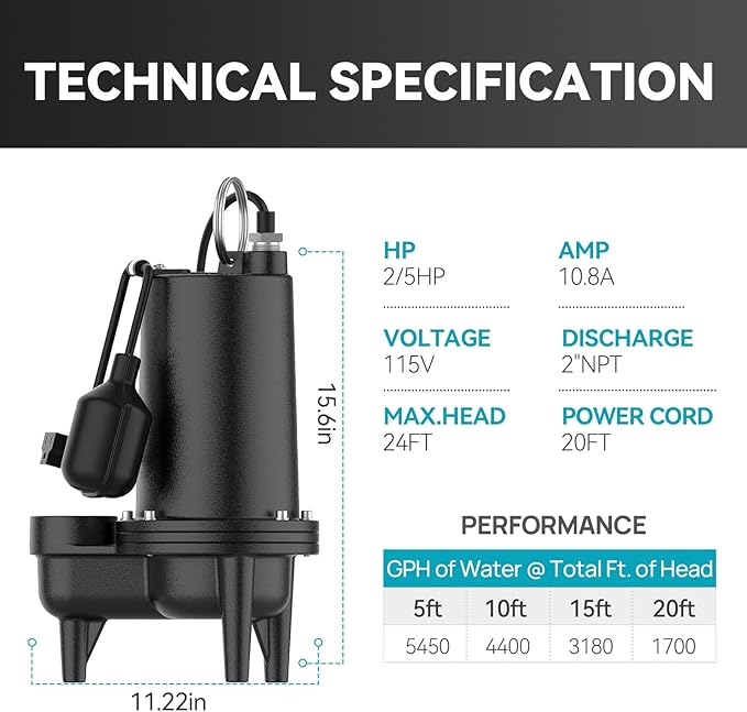 2/5HP Cast Iron Sewage Pump, 5995GPH Submersible Effluent Pump with Auto Float Switch, Ideal for Basement/Sump Applications – Commercial-Grade Drainage System, 20ft Cord