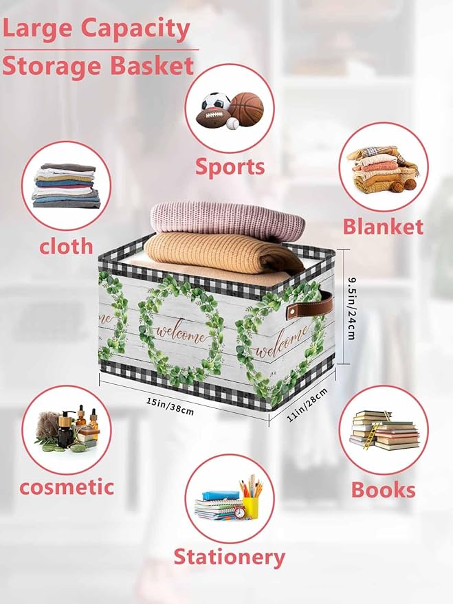 Spring Eucalyptus Leaves Storage Bins Cubes Waterproof Cloth Storage Basket,Farmhouse Botanical Gray Wood Foldable Storage Bags for Shelf Clothes Storages Organizers with Handles 15x11x9.5 in 1PCS