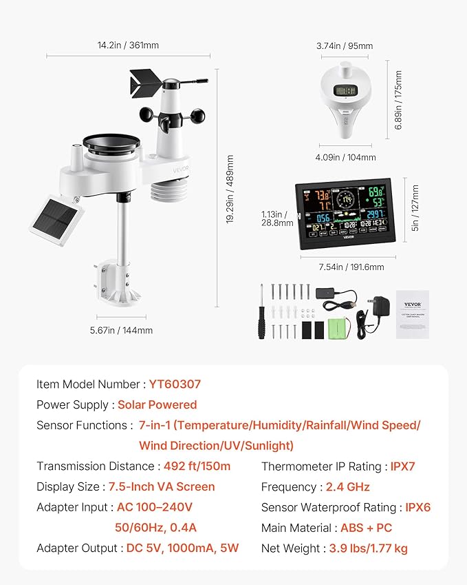VEVOR 7-in-1 Wi-Fi Weather Station with APP, 7.5 in Display, Wireless Solar Powered Outdoor Sensor, with Pool Thermometer, Rain Gauge, Indoor Outdoor for Weather Forecast, Wind Speed, Pool Temperature