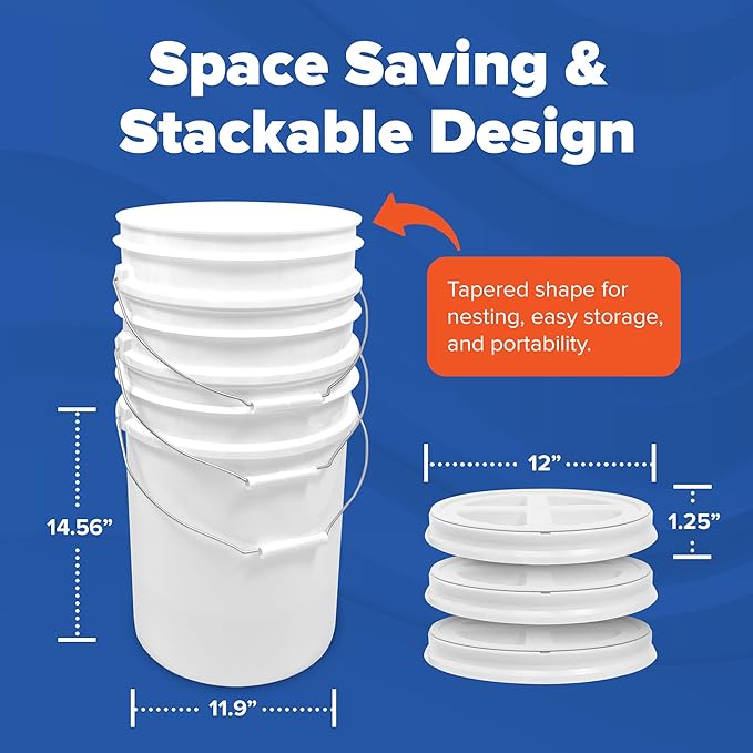 ePackageSupply 5 Gallon Bucket - Food Grade Bucket with Airtight Gamma Seal Screw-On Lid, BPA-Free, Heavy-Duty 90 Mil HDPE Plastic, Bulk Storage, Durable Container, Made in USA, White/White, 60 Packs