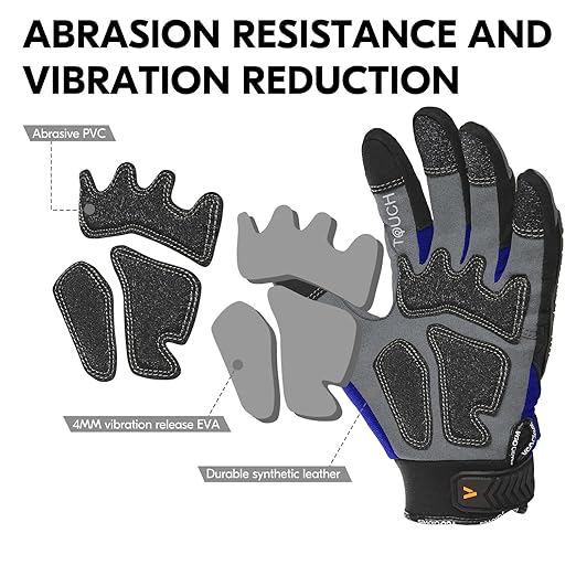 Vgo... 1-Pair Heavy Duty Synthetic Leather Work Gloves, Impact Protection Mechanic Gloves, Rigger Gloves, Vibration Reduction, Touchscreen Capable (Size L, Blue, SL8849)