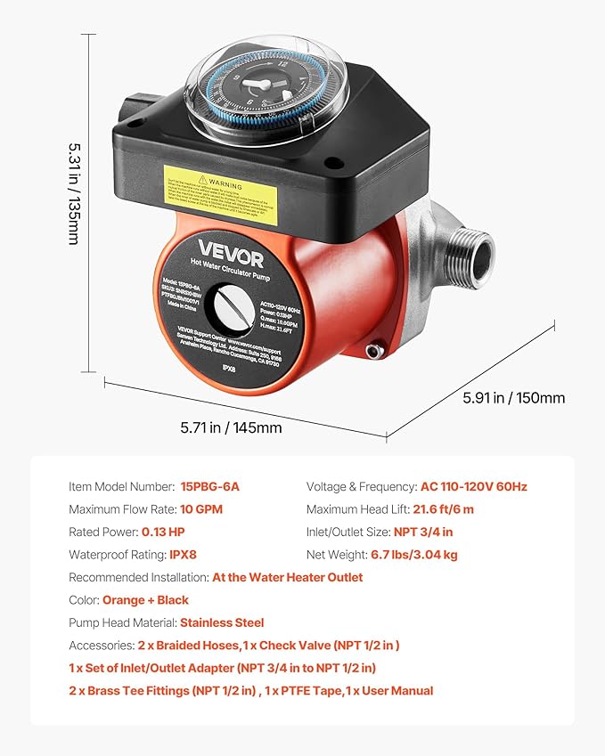 VEVOR Hot Water Recirculating Pump, with Bypass Valve, Instant Recirculation Pump Kit with Timer, Adapter, Circulation Circulator System, Stainless Steel Head, 0.13 HP 110-120V, for Tank Water Heaters