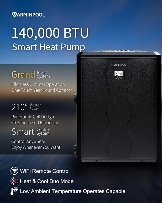140000 BTU Electric Pool Heater, Full Inverter Pool Heat Pump for 42000 Gallons In and Above Ground Pools, Smart WiFi App, Timer, Heating and Cooling, 47dB Quiet Operation, 220V, V35 Ultra
