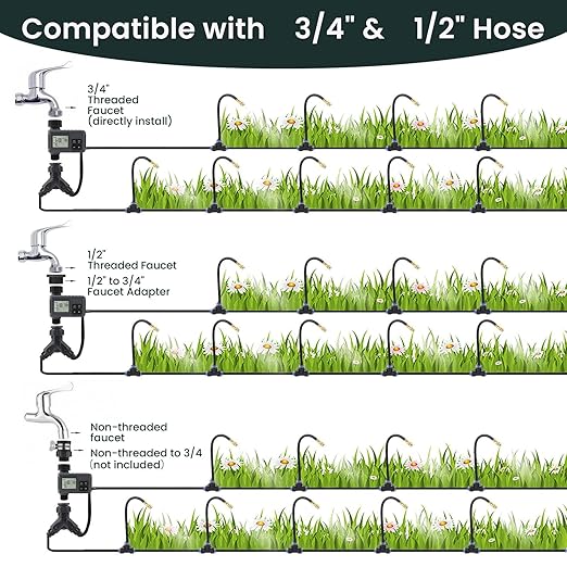 100FT Smart Drip Irrigation System with Water Timer – Automatic Garden Watering System with 360° Bendable Hose & 24 Adjustable Nozzles for Garden, Yard, Lawn,Compatible with 3/4" & 1/2" Hose
