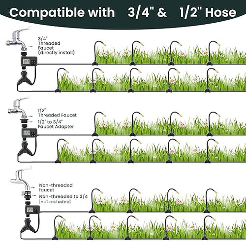 100FT Smart Drip Irrigation System with Water Timer – Automatic Garden Watering System with 360° Bendable Hose & 24 Adjustable Nozzles for Garden, Yard, Lawn,Compatible with 3/4" & 1/2" Hose
