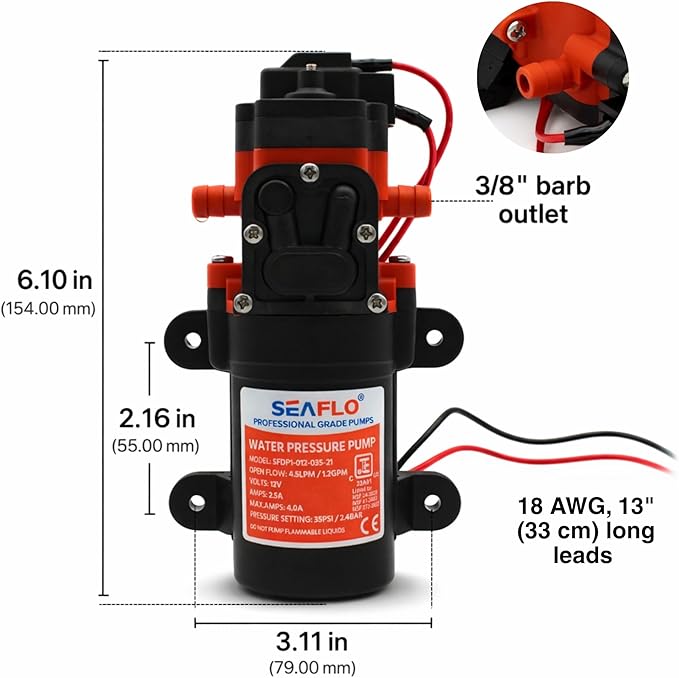 SEAFLO 21-Series Water Pressure Diaphragm Pump - 12V DC, 1.2 GPM, 35 PSI with Adjustable Pressure Switch, Self-Priming, Quiet Operation for RV, Boat, and Off-Grid Applications
