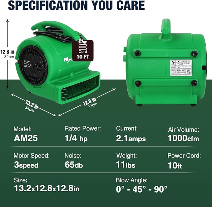MOUNTO 1/4hp 1000CFM 2 Speed Air Mover Carpet Dryer Floor Fan Cooling Fan (Green)