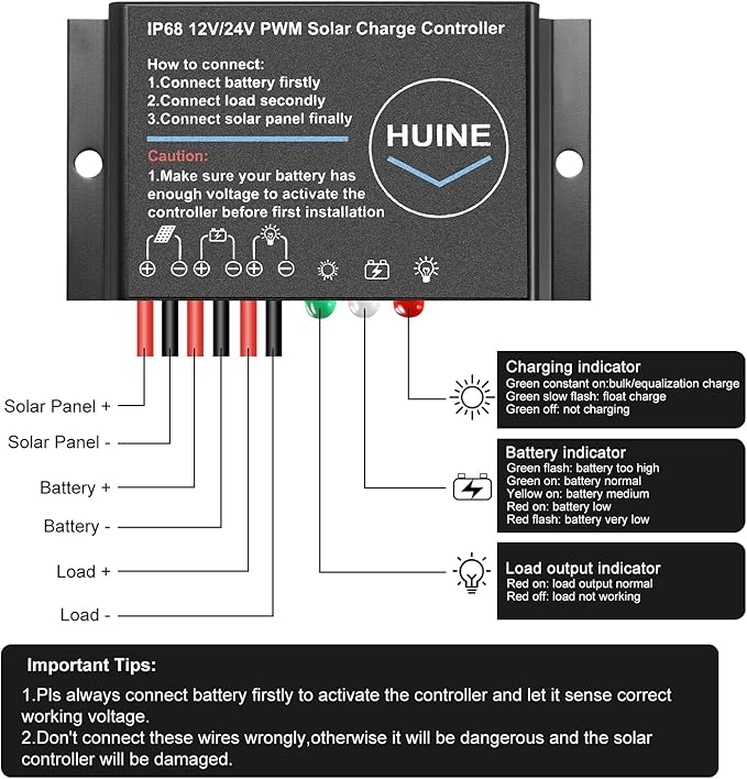 20A 12V 24V Auto IP68 Waterproof PWM Solar Charge Controller Solar Panel Battery Intelligent Regulator for Solar System Caravan Boat(24 Hours Working Mode)