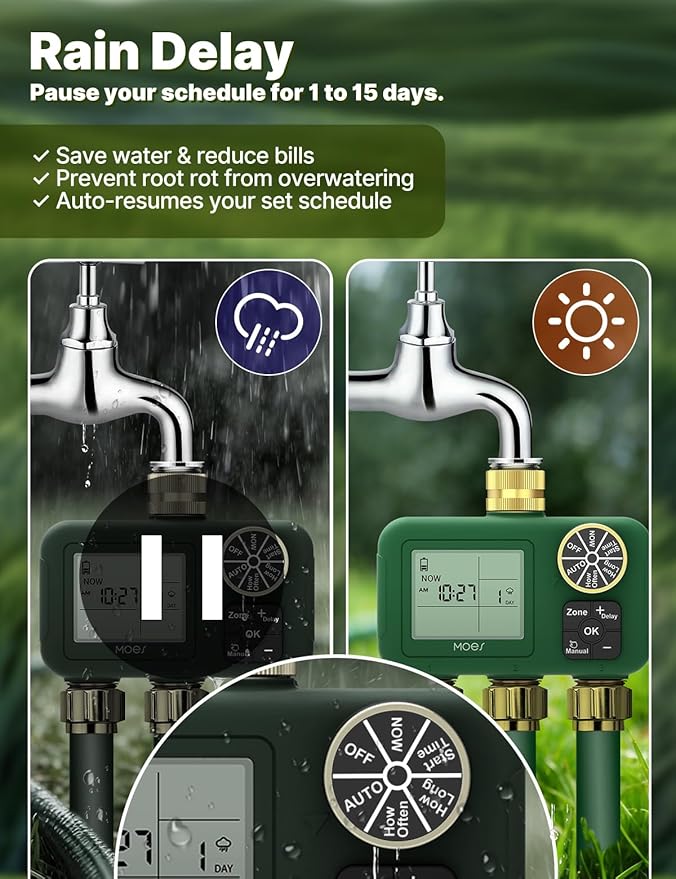 MOES 3 Zone Water Timer for Garden Hose, Heavy Duty Solid Brass Inlet & Outlets, Programmable Sprinkler Timer Battery Operated, 3 Outlet Faucet Valve with Sequential Watering (Non-WiFi)