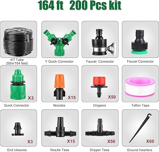 Drip Irrigation System, 164FT Garden Irrigation System 1/4, Blank Distribution Tubing Watering Drip Kit Automatic Irrigation Equipment for Garden Greenhouse, Flower Bed,Patio,Lawn