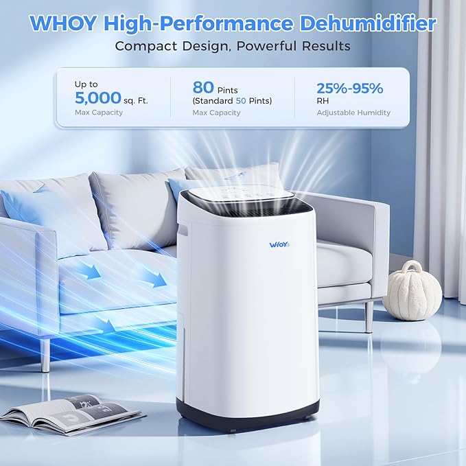 80 Pints Dehumidifier for Basement up to 5,000 Sq. Ft, Smart App Control & Intelligent Humidistat, 50 Pint (2023 DOE Standard) with Drain Hose, Ultra Quiet & Energy Efficient for Home, Garage