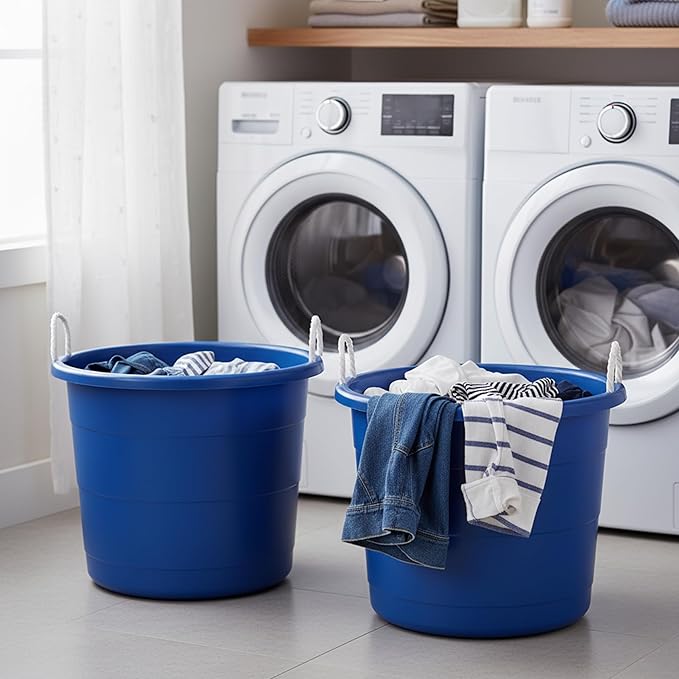 HOMZ 2-Pack Utility Tub, Large Plastic Storage Bucket with Rope Handles, 18 Gallon, Blue - Portable Indoor and Outdoor Buckets for Kitchen, Laundry, Garden, Bathroom, and Garage Organization