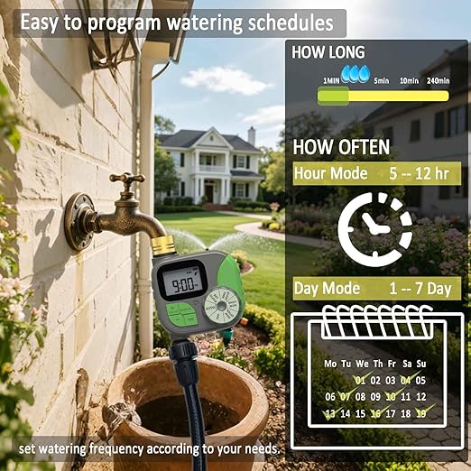 64FT Drip Irrigation Kit with Garden Timer Plant Watering System with Tubing Gushing Nozzles and Water Timer, Quick Connector Kits Easy to Assemble