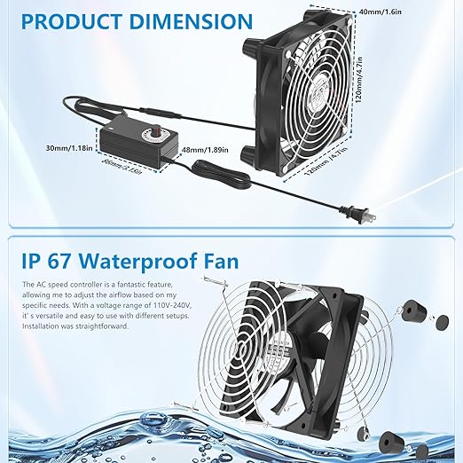 IP67 Waterproof Small 12V Variable Speed Computer Fan with AC Plug, KEYFANCLUB 110V 120V 220V AC Powered Ventilation Exhaust Fan for Receiver Terrarium Biltong Box Grow Tent Cabinet Cooling