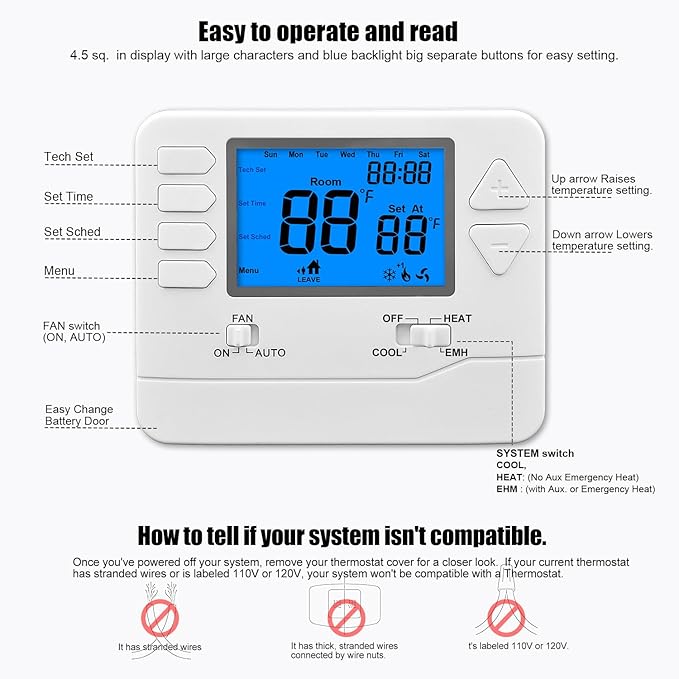 Suuwer 5-1-1 Day Programmable Heat Pump Thermostat for Home up to 2 Heat and 1 Cool
