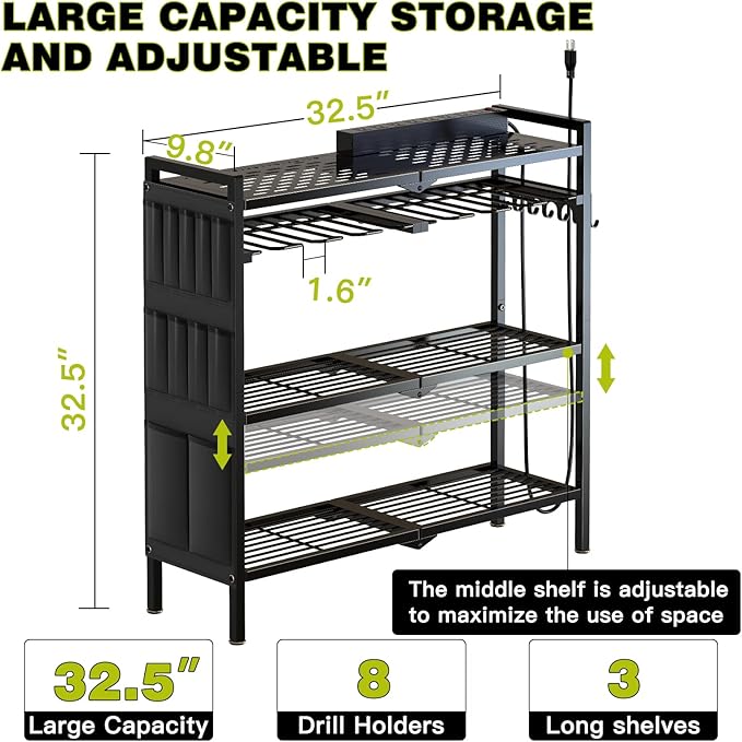 NattyDot Large Power Tool Organizer Cart with Charging Station 8 Drill Holder Garage Storage Standing Heavy Duty and Stability Storage Rack Utility Tool Shelf (Black)