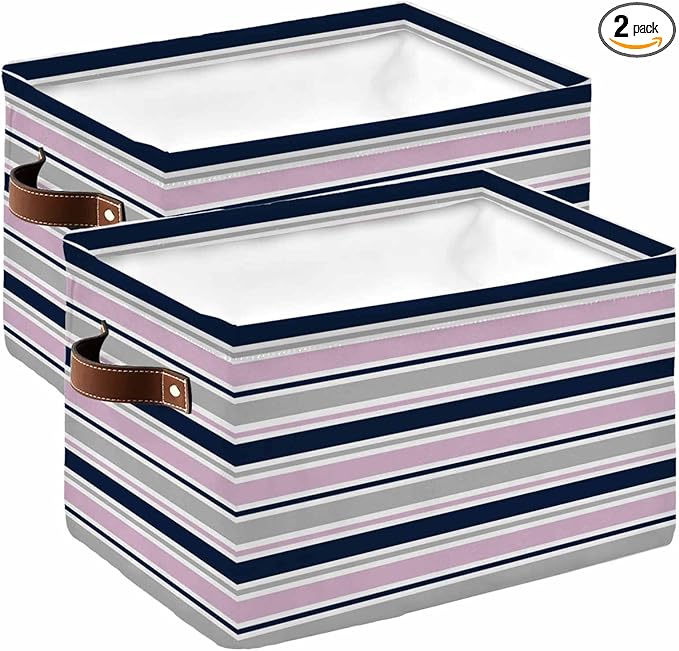 Pink Grey Striped Storage Bins Cubes Waterproof Cloth Storage Basket,Farmhouse Stripes Modern Abstract Art Foldable Storage Bags for Shelf Clothes Storages Organizers with Handles 15x11x9.5 in 2PCS