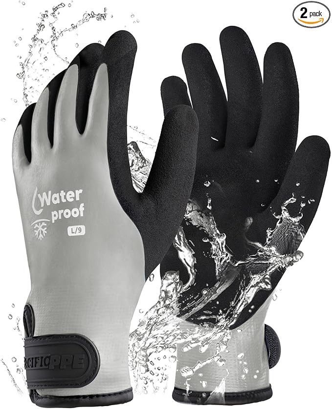 PACIFIC PPE Winter Work Gloves for Men and Women, 100% Waterproof Thermal Insulated Freezer Gloves for Cold Weather, Super Grip, Grey, Large