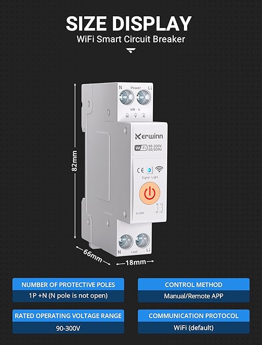 WiFi Smart Circuit Breaker 1P+N, 24-Hour Energy Monitoring, DIN Rail Mount, Smart Life/Tuya APP Remote Control & Voice Control (Compatible with Alexa/Google Assistant) (6A)