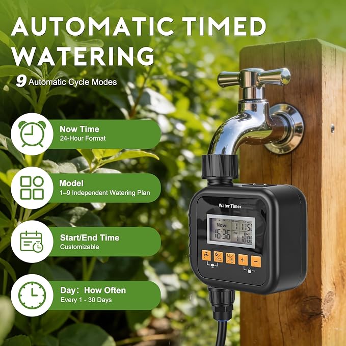 Snowtaros Smart Sprinkler Timer, Outdoor Water Hose Timer with Rain Sensing, 9 Watering Modes Garden Irrigation Controller for Yard, Lawn & Patio, Easy Installation (1 Zone)