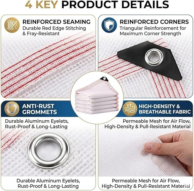 White Shade Cloth for Garden, 50% Mesh Tarp with Grommets, Breathable Sun Shade Cloth for Greenhouse, Plants Cover, Patio, Chicken Coops, HDPE Shade Net for Outdoor UV Resistant(22x32ft)