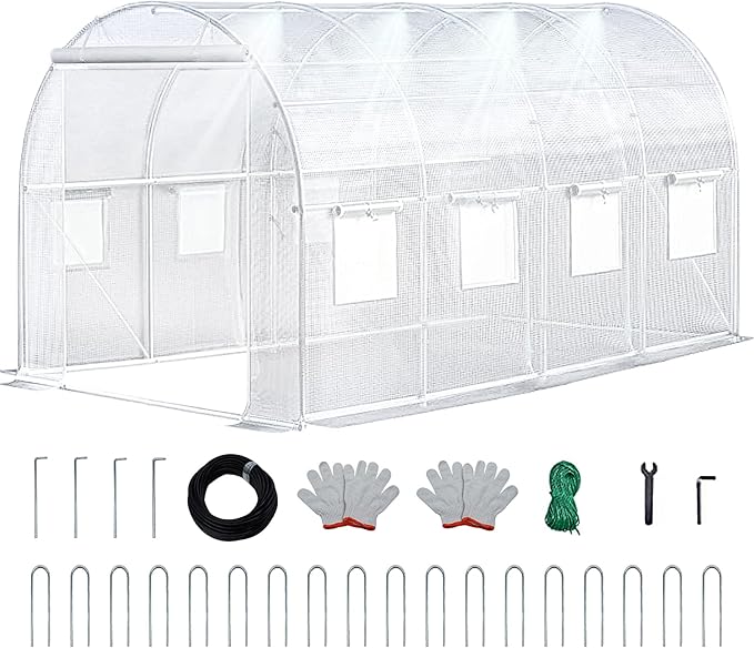 KANAGAWA 20'x10'x 7' Walk-in Tunnel Greenhouse with Watering System Heavy Duty Portable Green House Protect Gardening Plants 1 Zipper Mesh Door, 8 Roll-up Windows, Thickened galvanised Steel,White