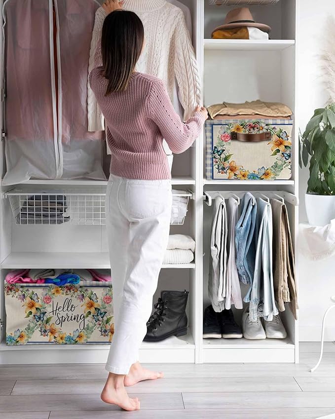 Hello Spring Storage Bins Cubes Waterproof Cloth Storage Basket,Farmhouse Floral Eucalyptus Wood Plaid Burlap Foldable Storage Bags for Shelf Clothes Storages Organizers with Handles 15x11x9.5 in 1PCS