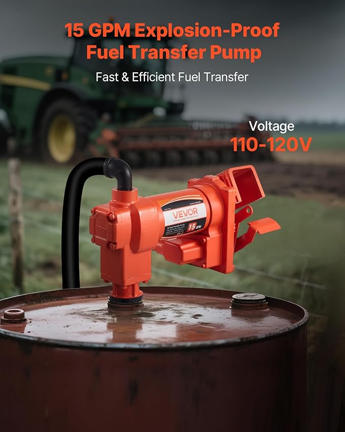 VEVOR Fuel Transfer Pump 110V, 15 GPM 57 L/min, AC Electric Oil Transfer Pump, 8 ft/2.4 m Max Suction Lift, 37 ft/11.28 m Max Lift, Overheat Protection, for Gasoline Diesel Kerosene Biodiesel Ethanol