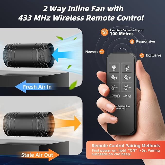 4 Inch Inline Fan with Remote,2Way 6 Speed Inline Duct Fans High-Efficiency Exhaust Duct Fan DC Motor, Low Noise HVAC Ventilation in Basement Bathroom Workshop Attic P126