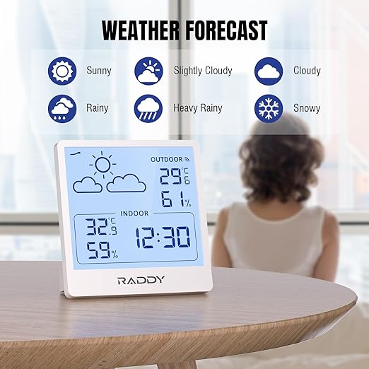 Raddy WF-50T Indoor Outdoor Thermometer Hygrometer Wireless Weather Station, Battery Powered Temperature & Humidity Monitor with 5.0’’ Display, Weather Forecast, Wireless Remote Sensor (White)