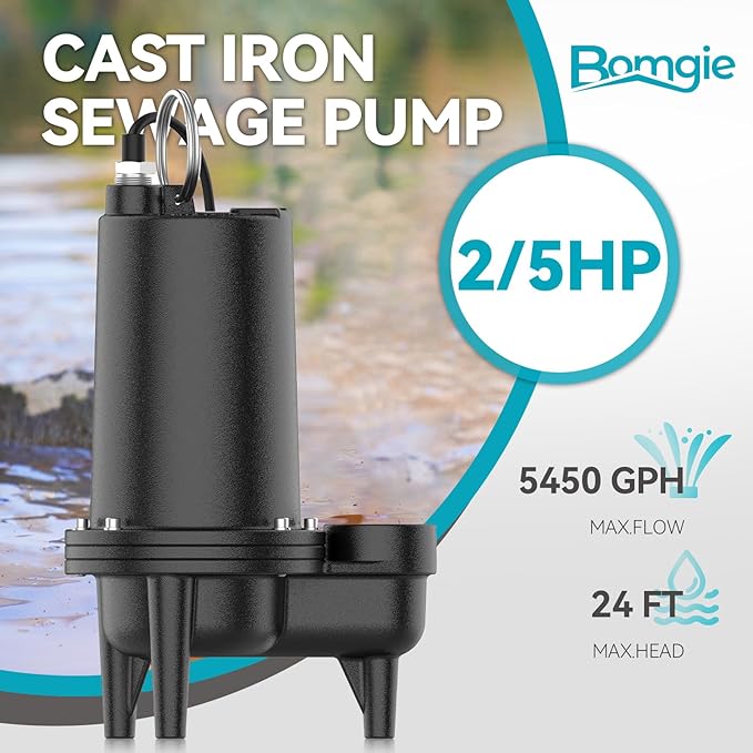 2/5HP Cast Iron Sewage Pump, 5995GPH Submersible Effluent Pump with 20ft Cord, Ideal for Basement/Sump Applications – Commercial-Grade Drainage System, 2'' NPT Discharge