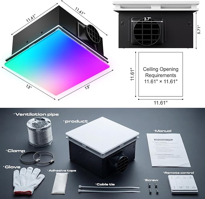 BSEED Wifi Smart Bathroom Exhaust Fan with Light, Bluetooth Speaker & Humidity Sensor, 230 CFM 1.5 Sone, 7 RGB Modes & 3CCT Adjustable Light & Nightlight, Music Sync, App/Remote Control, Easy Install