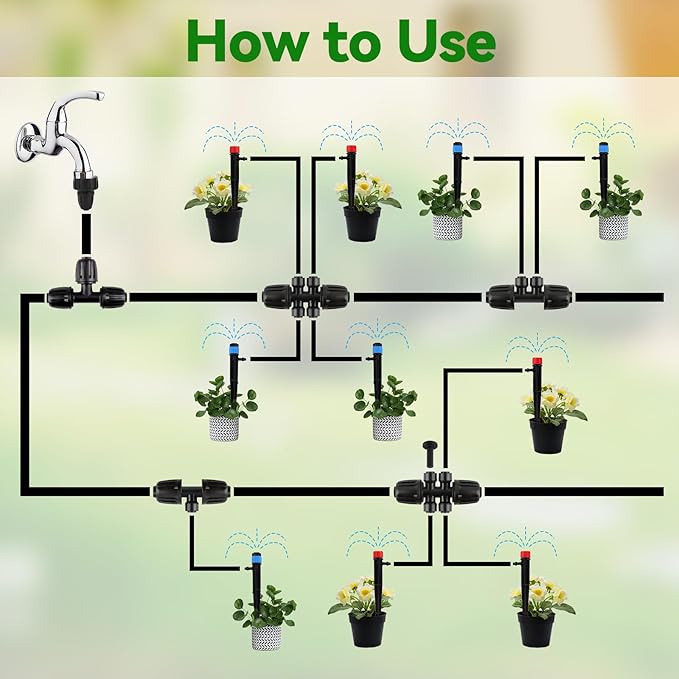 Kalolary 10PCS 5/16'' to 1/4'' Drip Irrigation Fittings,Push-to-Connect 4 Way Drip Irrigation Part Barbed Tee Connectors with 4PCS Plugs, Anti-Leak Locked Splitter Fitting for 5/16'' Irrigation Tubing