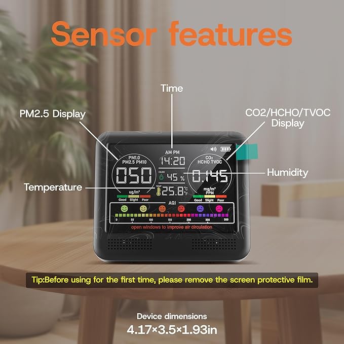 16-in-1 Indoor Air Quality Monitor with PM1.0,PM2.5,PM10,CO2,HCHO,TVOC,Temperature,Humidity,Time Display &7 AQI Alarms – Professional Air Quality Tester for Home, Office & Indoor Use (Shinning Black)