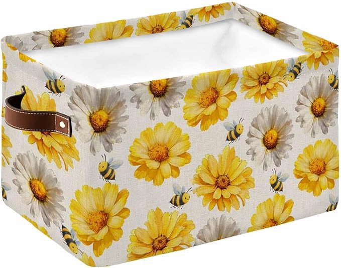 Golden Gray Chrysanthemum Storage Bins Cubes Waterproof Cloth Storage Basket,Farmhouse Bees Floral Rustic Foldable Storage Bags for Shelf Clothes Storages Organizers with Handles 15x11x9.5 in 1PCS