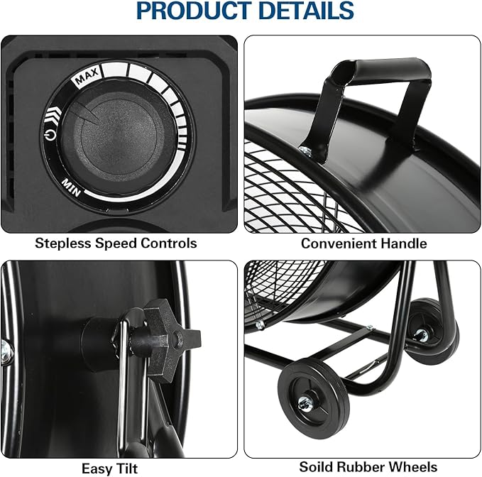BILT HARD 24" Ultra Quiet Variable Speed High Velocity Drum Fan, DC Motor, 7800 CFM Industrial Heavy Duty Shop Fan for Warehouse, Workshops, Garage, Factory, UL Safety Listed