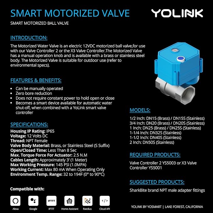 YoLink Wireless Smart Valve Control Kit, NSF Certified 1/2" Stainless Steel Motorized Valve, Wireless Controller 2, LoRa Long Range, D2D Offline with Leak Sensors, 2 Years Battery Backup