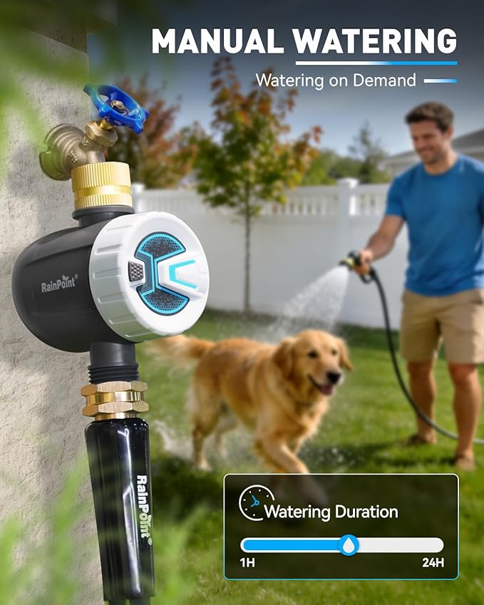 RAINPOINT WiFi Water Timer, Sprinkler Timer for Garden Hose, Smart Automatic Irrigation System with Brass Inlet for Yard, Lawn, APP Remote Control via 2.4Ghz WiFi and Bluetooth
