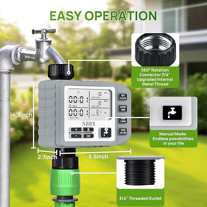 NBBX Sprinkler Timer for Garden Hose, Outdoor Watering System with Rain Delay, Manual & Automatic Mode