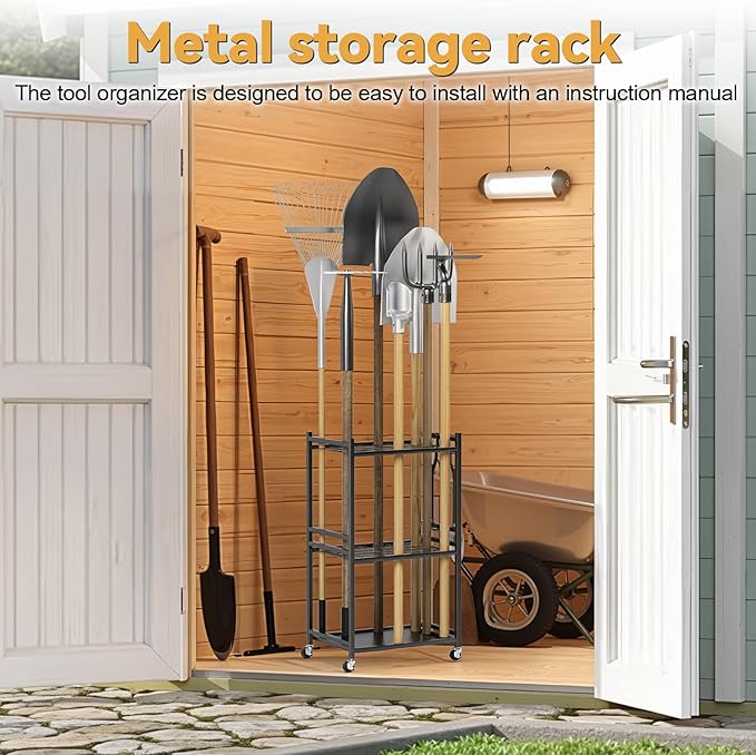 Garden Tool Organizer Stand, 35 Slots Storage Rack with lockable Wheels and Hooks, Iron Construction, 4 Shelves Fit for Long-Handled Tools/Rakes/Brooms
