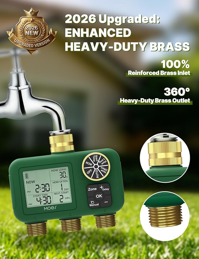 MOES 3 Zone Water Timer for Garden Hose, Heavy Duty Solid Brass Inlet & Outlets, Programmable Sprinkler Timer Battery Operated, 3 Outlet Faucet Valve with Sequential Watering (Non-WiFi)
