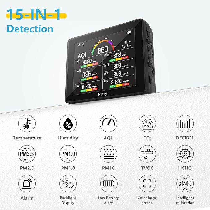 15-in-1 Air Quality Monitor Indoor with CO2 Detector & Decibel Meter - Professional PM2.5/1.0/10, TVOC, HCHO, Temp/Humidity, Noise, CO2 Monitor, 6-Level Air Quality with 3-Color Alerts, Rechargeable