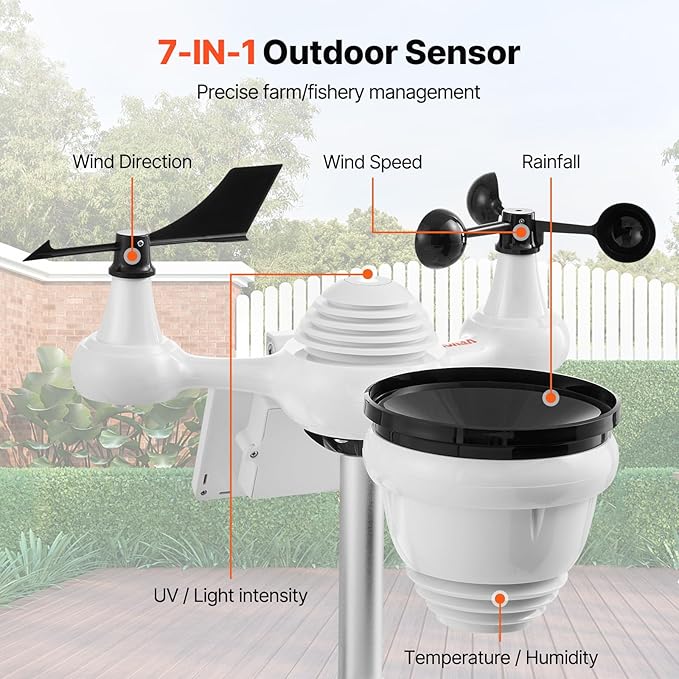VEVOR 7-in-1 Wi-Fi Solar Self-Charging Weather Station with 7" TFT Color Display, Solar-Powered Outdoor Sensor, Indoor&Outdoor Monitoring for Temperature, Humidity, Wind Speed/Direction and Rainfall