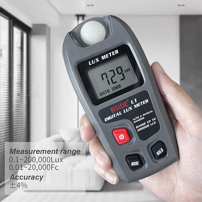 BSIDE Light Meter Digital Illuminance Meter 0.1-200,000 Luxmeter Environment Luminometer Photometer for Plants, Car Headlights Home & Office LEDs Light Photography