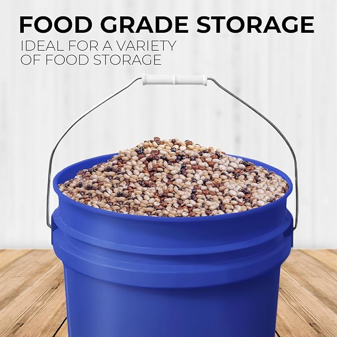 5-Gallon Blue Bucket Pail with Gamma Seal Screw on Airtight Lid, Metal Handles with Plastic Grip for Easy Carrying, Easy Stack and Store, Heavy-Duty 90MIL Extra Durable, Food Grade, BPA Free - 2 Pack