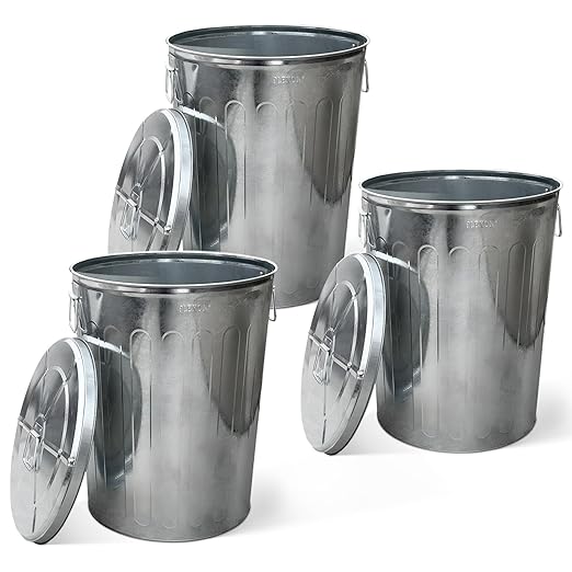 Plexon 20 Gallon Metal Trash Can with Lid Outdoor Large Trash Bin Galvanized Steel Garbage Can for Farm Garage Patio Ash Bucket Bird Seed Storage Can Heavy Duty Round Container, 3 Pack