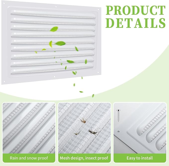 2 Pcs Attic Vent 8" X 12" Metal Shed Vents Louver Vent Grille Gable Vents with Screen Mesh for Indoor Outdoor Garage Attic Ceiling, Boost Ventilation and Guard Against Moisture (White)