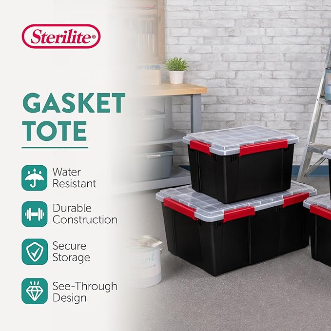 Sterilite 4 Pack Gasket Box, Stackable Plastic 8.5 Gallon Storage Container with Lids, Black - Waterproof and Dustproof Tote for Home Organization