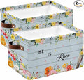 Easter Storage Bins Cubes Waterproof Cloth Storage Basket,Spring Farmhouse Bunny Flower Blue Wood Grain Foldable Storage Bags for Shelf Clothes Storages Organizers with Handles 15x11x9.5 in 2PCS