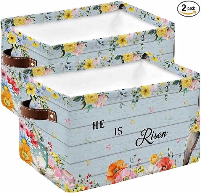 Easter Storage Bins Cubes Waterproof Cloth Storage Basket,Spring Farmhouse Bunny Flower Blue Wood Grain Foldable Storage Bags for Shelf Clothes Storages Organizers with Handles 15x11x9.5 in 2PCS